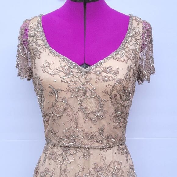 Victoria Royal Vintage Beaded Lace Champagne Gown - Picture 14 of 16